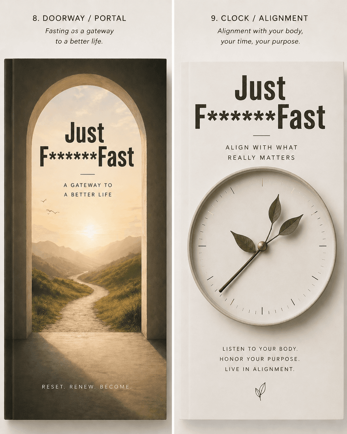 Two cover concepts for Just F****** Fast — a doorway opening onto a sunlit path, and a clock with leaves for hands.